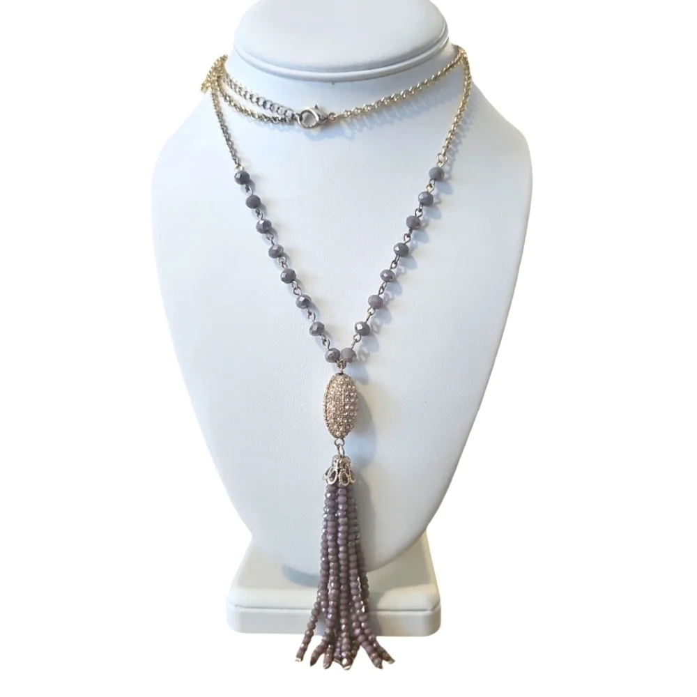 Vintage Purple AB Crystal Tassel and Pave Focal Oblong Bead Necklace 32 Inch